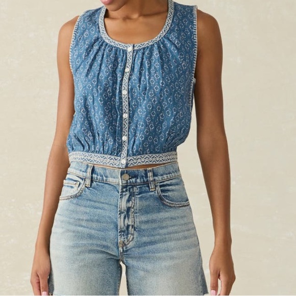 Faherty Tops - Faherty NWT Isla Embroidered Sleeveless Buttoned Front Denim Crop Linen Top
